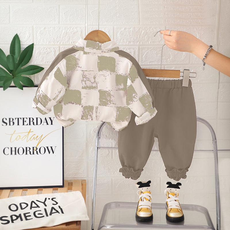 Boys Green Abstract Printed Shirt With T-Shirt and Pants Set Sets