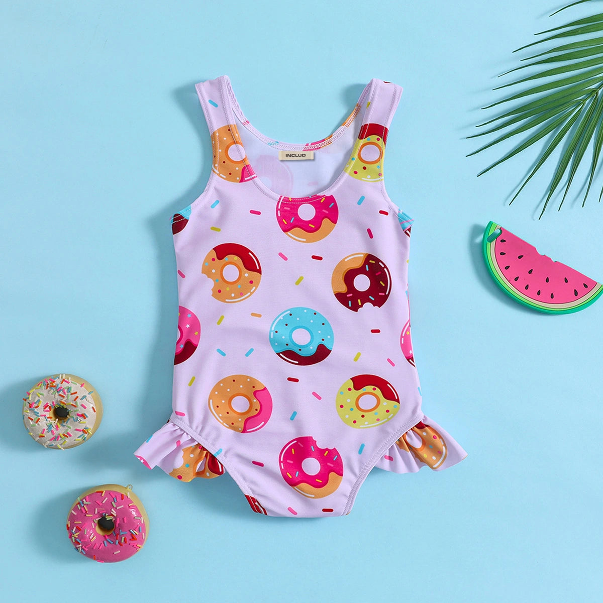 Girls Pink Graphics Sleeveless Bodysuit Swimwear Beachwear