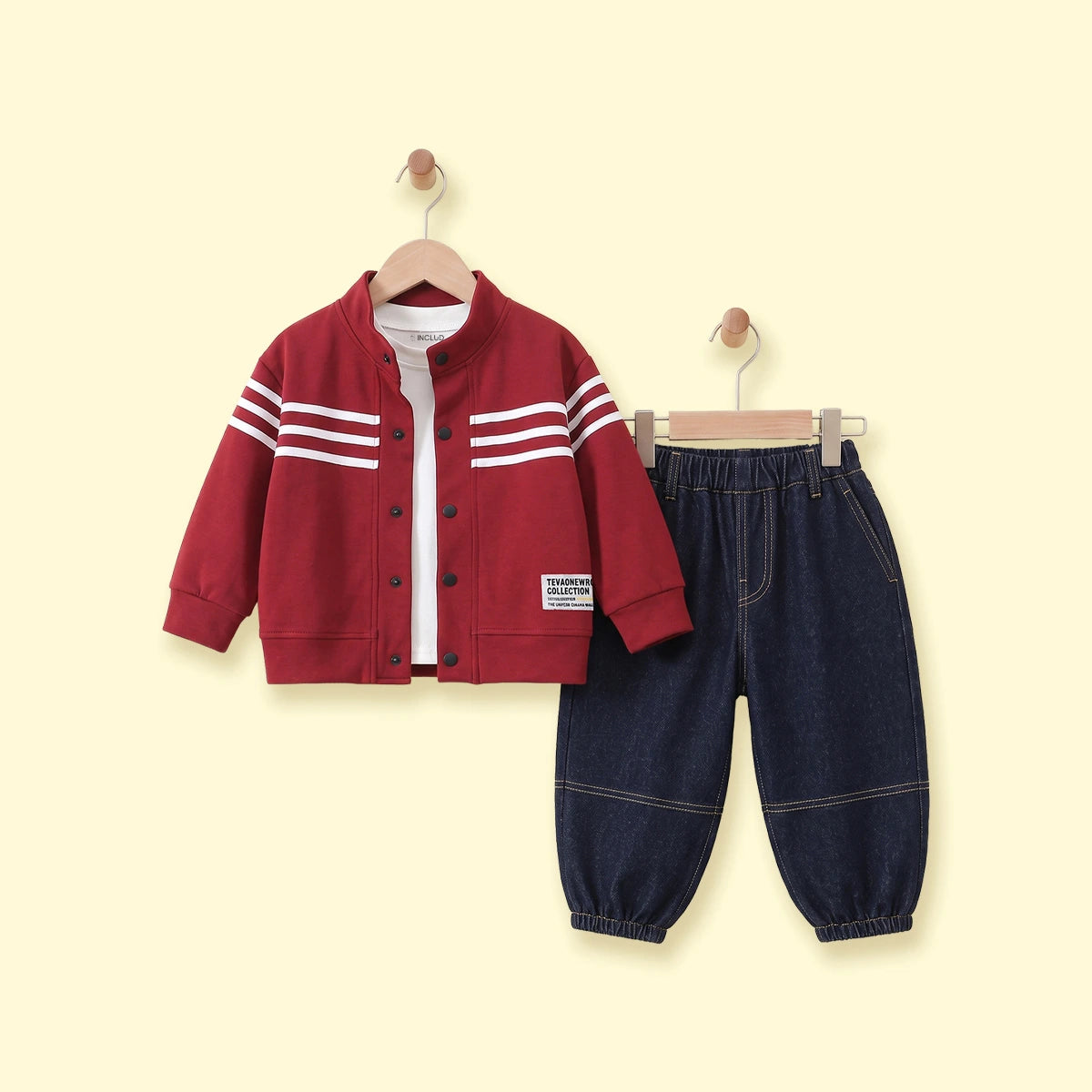 Boys Red Striped Jacket With Denim Pants Sets Sets Red 1-2 Y
