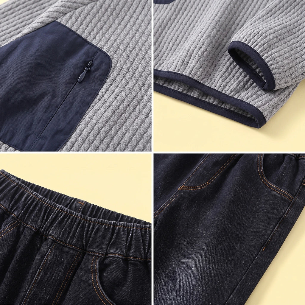 Boys Grey Textured Sweatshirt With Denim Pants Sets Sets