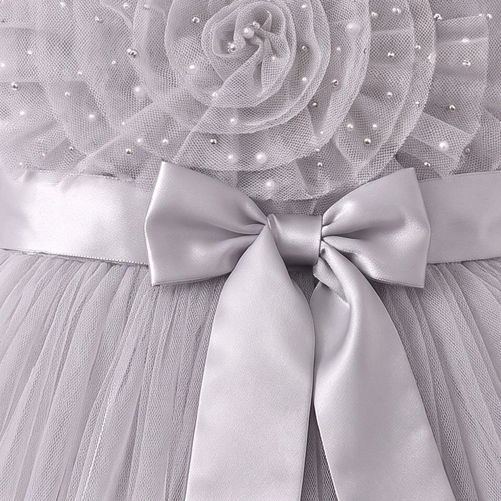 Girls Light Grey Floral Applique Party Gown Party Dresses