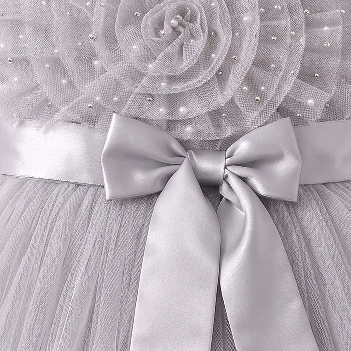 Girls Light Grey Floral Applique Party Gown Party Dresses