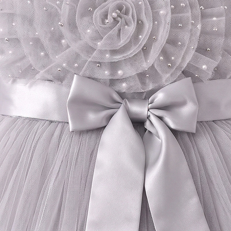 Girls Light Grey Floral Applique Party Gown Party Dresses