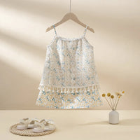 Girls Off White Floral Print Sleeveless Lace Overlay A-line Dress Casual Dresses Off White 1-2 Y
