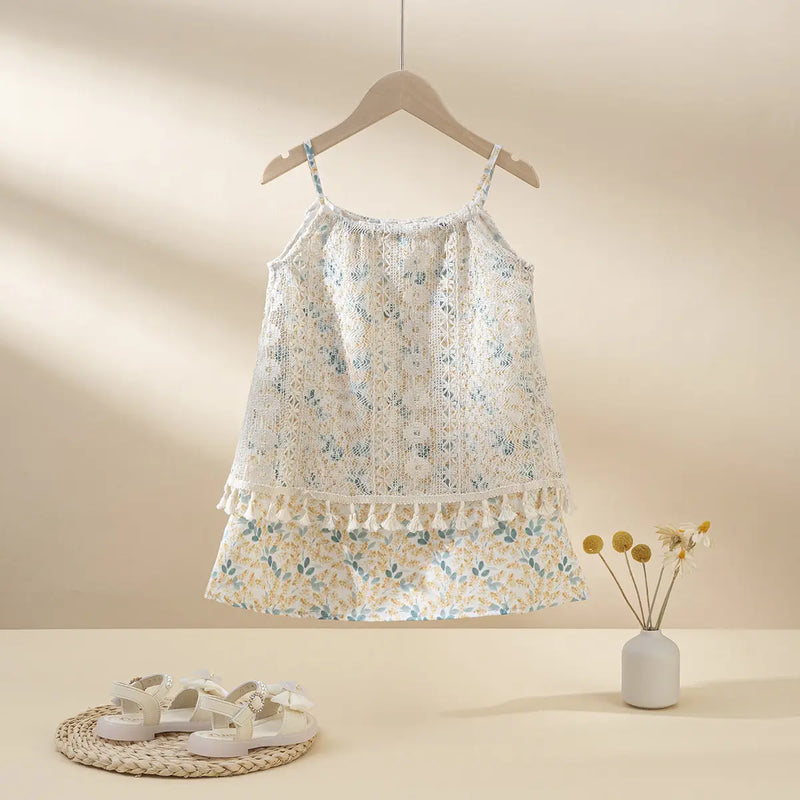 Girls Off White Floral Print Sleeveless Lace Overlay A-line Dress Casual Dresses Off White 1-2 Y