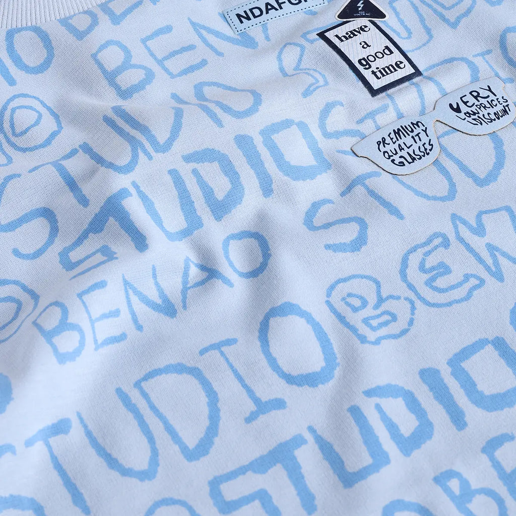 Boys Blue Typographic Printed T-Shirt With Twill Shorts Sets 2 pc. Sets