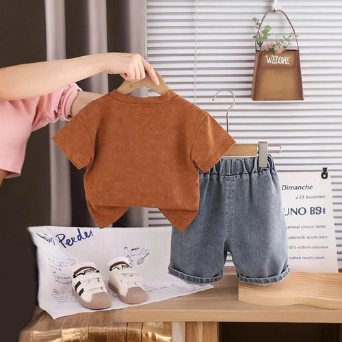 Boys Brown Graphic Printed Short Sleeve T-Shirt With Distressed Denim Shorts Sets 2 pc. Sets