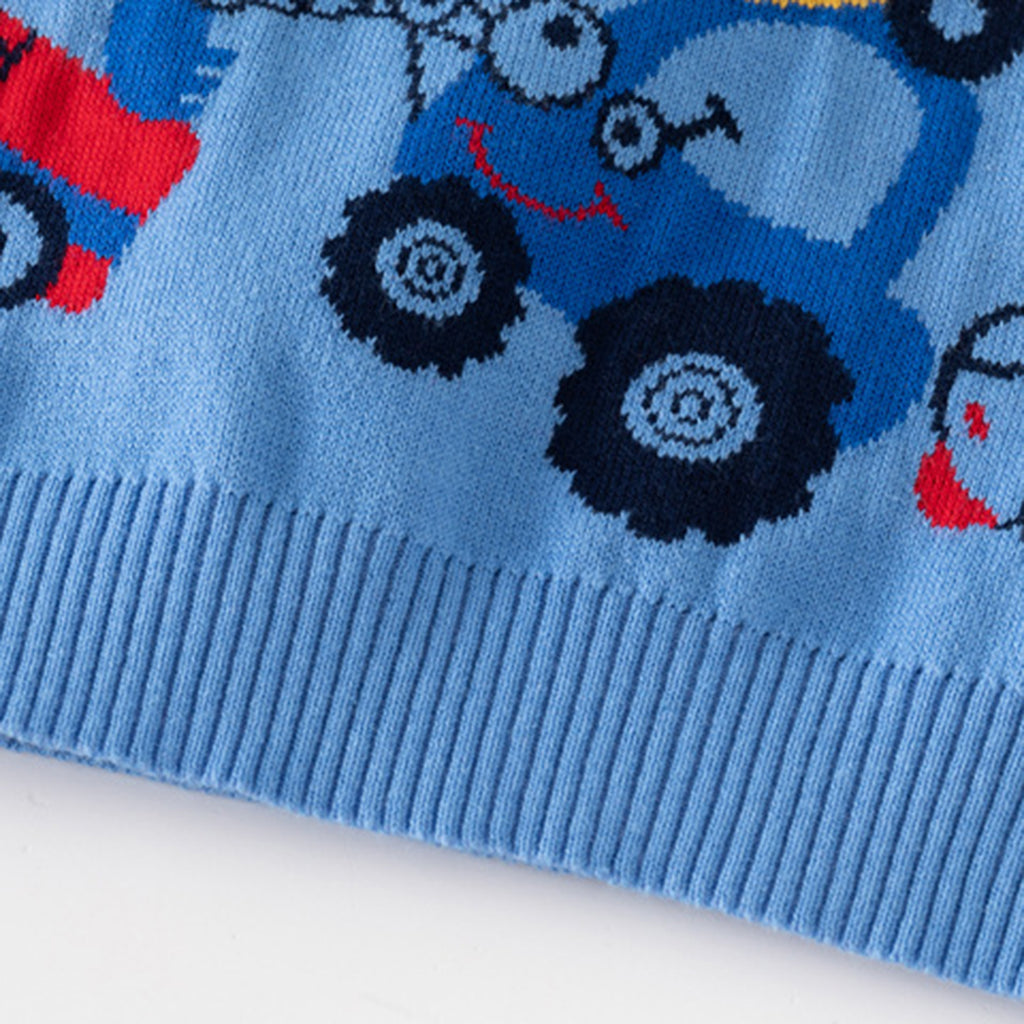 Boys Light Blue Regular Sweater With Self-Design Car Patterns Sweaters & Cardigans