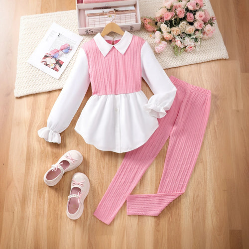 Girls Pink Ribbed Collared Peplum Top With Slim fit Pants Sets Sets Pink 7-8 Y