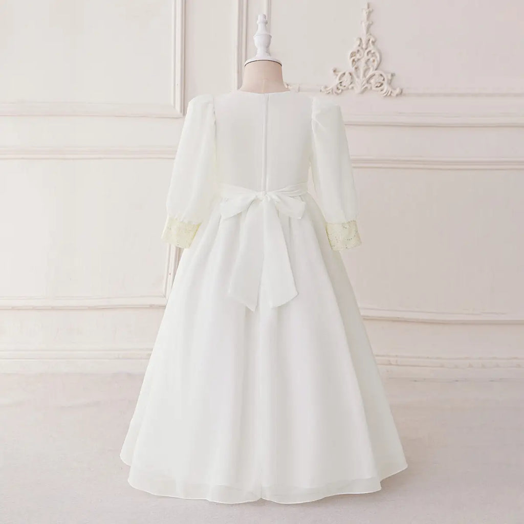 Girls White Embellished Maxi Dress With Puff Sleeves Casual Dresses