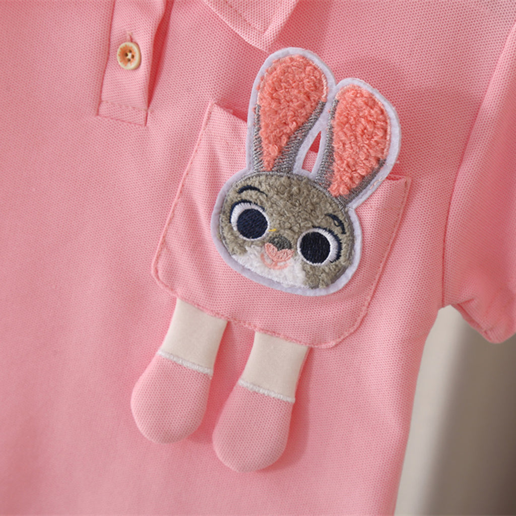 Girls Pink Bunny Appliqued Short Sleeves Polo T-Shirt With Shorts Set 2 pc. Sets