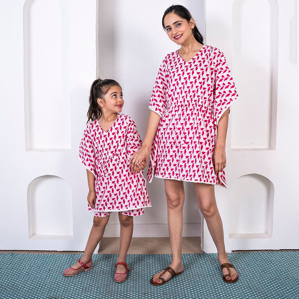 Red Printed Kaftan & Shorts Mom & Daughter Set
