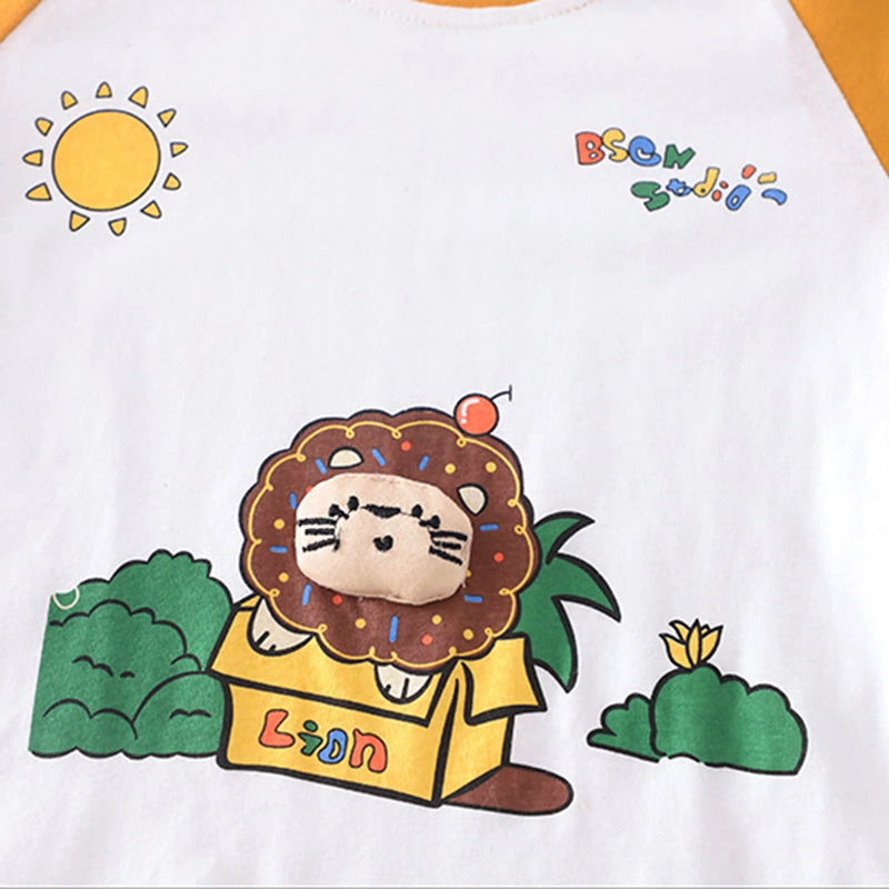 Boys Orange Lion Cartoon Print Short Sleeves T-Shirt With Shorts Set Sets