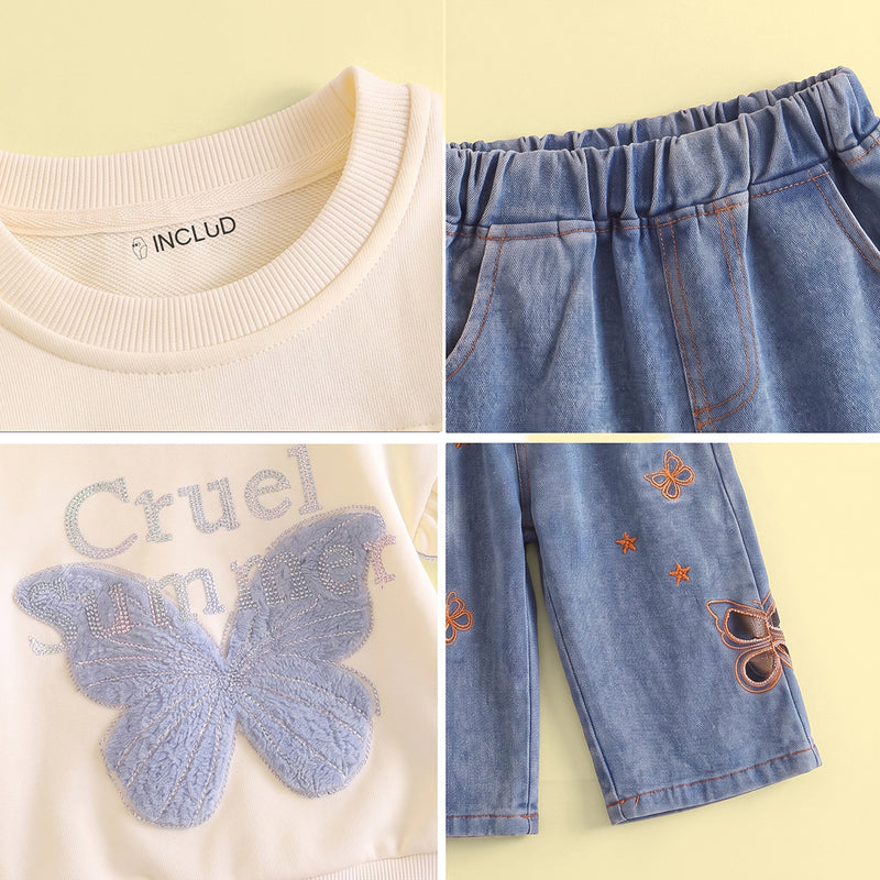 Girls Cream Butterfly Embellished Sweatshirt & Denim Pants Sets Sets