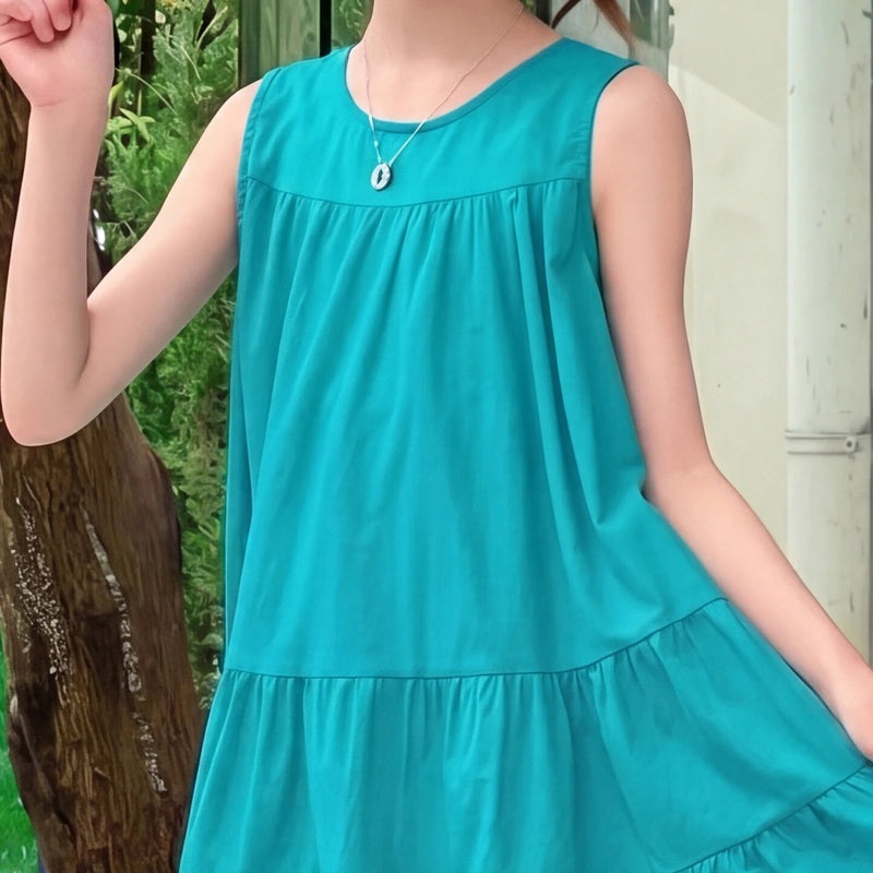 Girls Teal Blue Solid Sleeveless Tiered Dress Casual Dresses