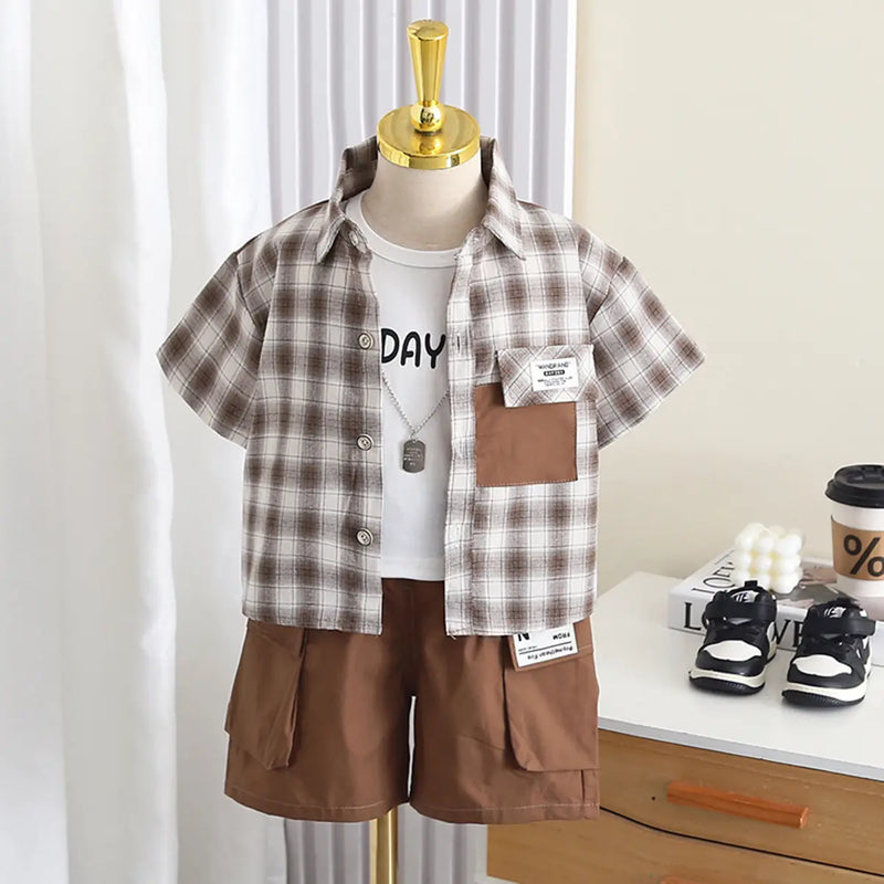 Boys Brown Checked Short Sleeve Shirt With Printed T-Shirt And Shorts Sets 3 pc. Sets Brown 1-2 Y