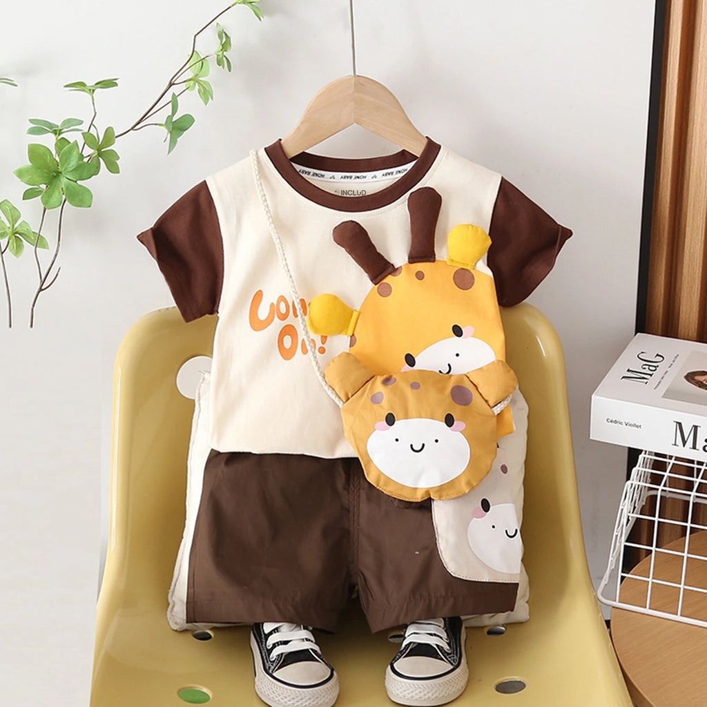 Boys Brown Giraffe Graphic Short Sleeves T-Shirt With Elasticated Shorts Sets Sets Brown 1-2 Y