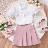Girls White Puff Sleeves Collared Top With Pleated Skirts Set