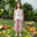 Girls Pink Rabbit Printed Sleeveless Top With Checked Crop Pants Set Sets Pink 3-4 Y
