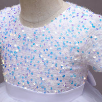 Girls White Puff Sleeve Sequins Embellished Fit & Flare Party Wear Dress Party Dresses