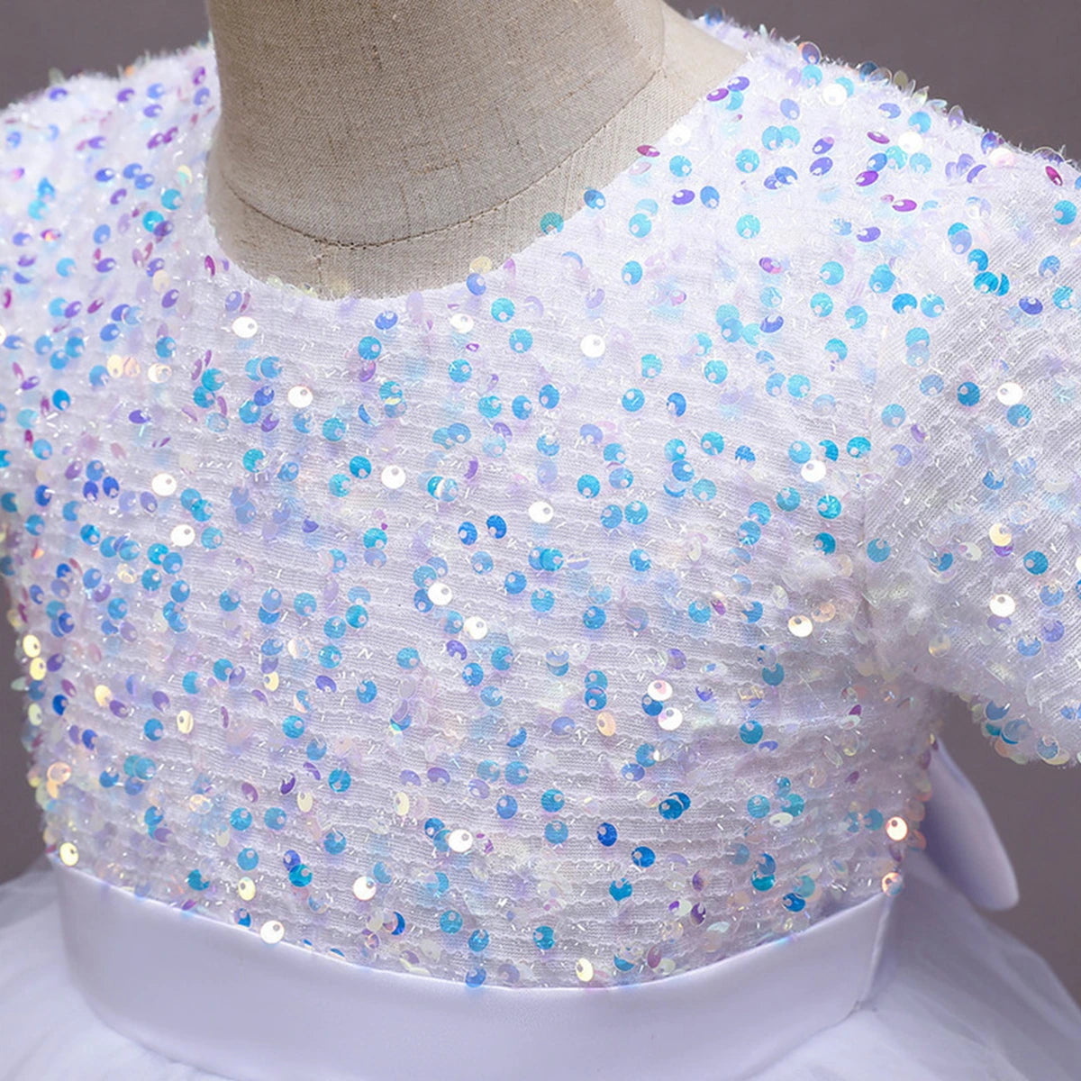 Girls White Puff Sleeve Sequins Embellished Fit & Flare Party Wear Dress Party Dresses