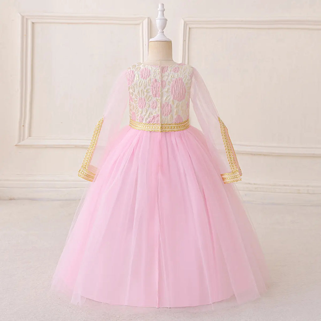 Girls Pink Floral Fit & Flare Dress With Long Sleeves Casual Dresses