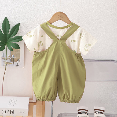 Boys Printed Short Sleeves T-Shirt With Green Dog Applique Dungaree Set 2 pc. Sets