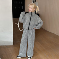 Girls Black Diagonal Stripes Front Zipper Jacket With Pants Winter Co-ord Set 2 pc. Sets