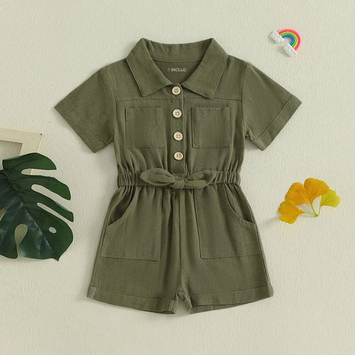 Girls Olive Green Button Front Short Sleeve Romper With Bow Detail Playsuits Olive 1-2 Y