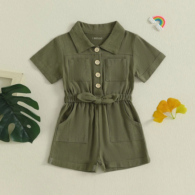 Girls Olive Green Button Front Short Sleeve Romper With Bow Detail Playsuits Olive 1-2 Y