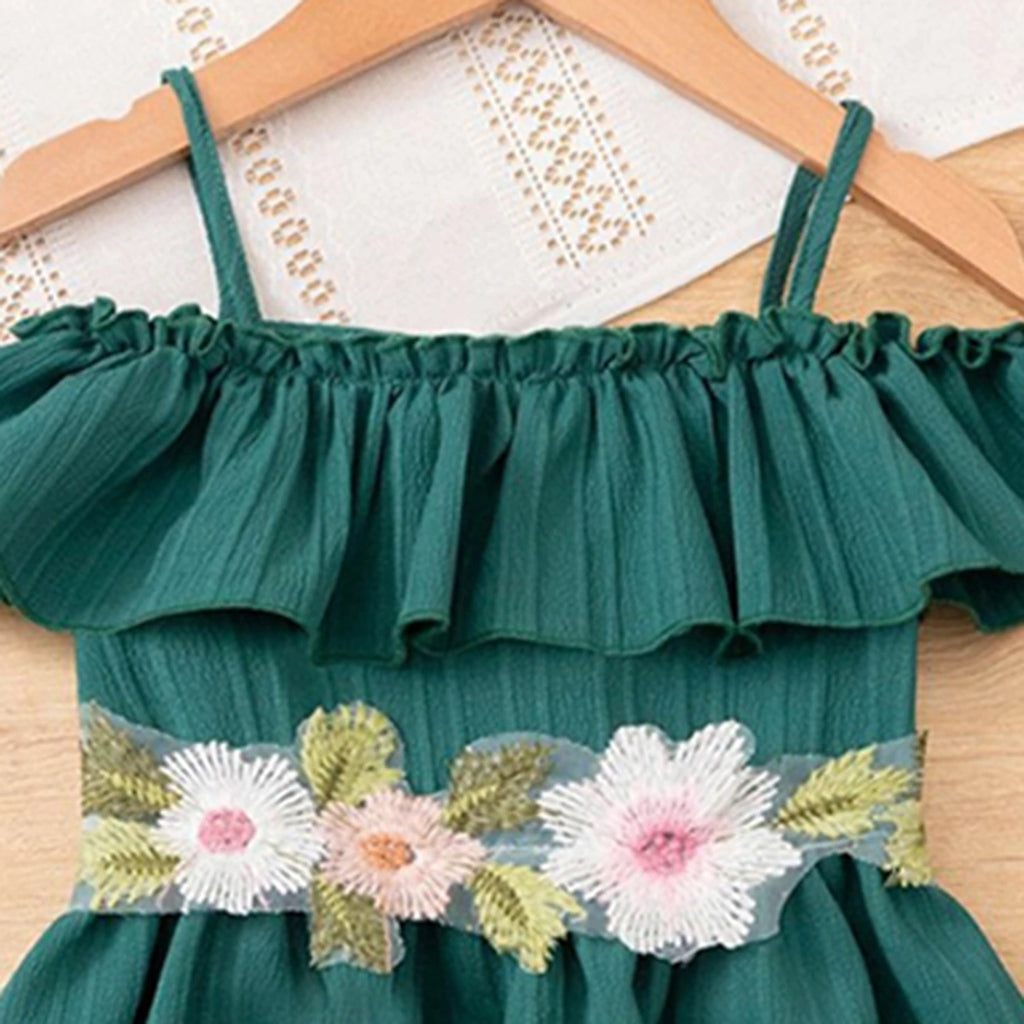 Girls Dark Green Off Shoulder Fit & Flare Dress With Embroidered Waistline Casual Dresses