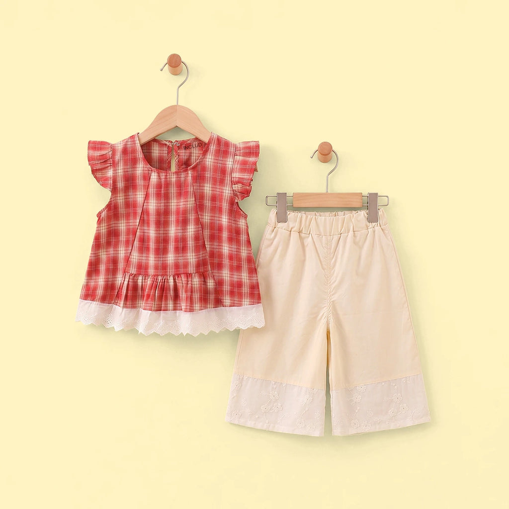 Girls Red Checked Sleeveless Top with Pants Sets 2 pc. Sets Red 1-2 Y