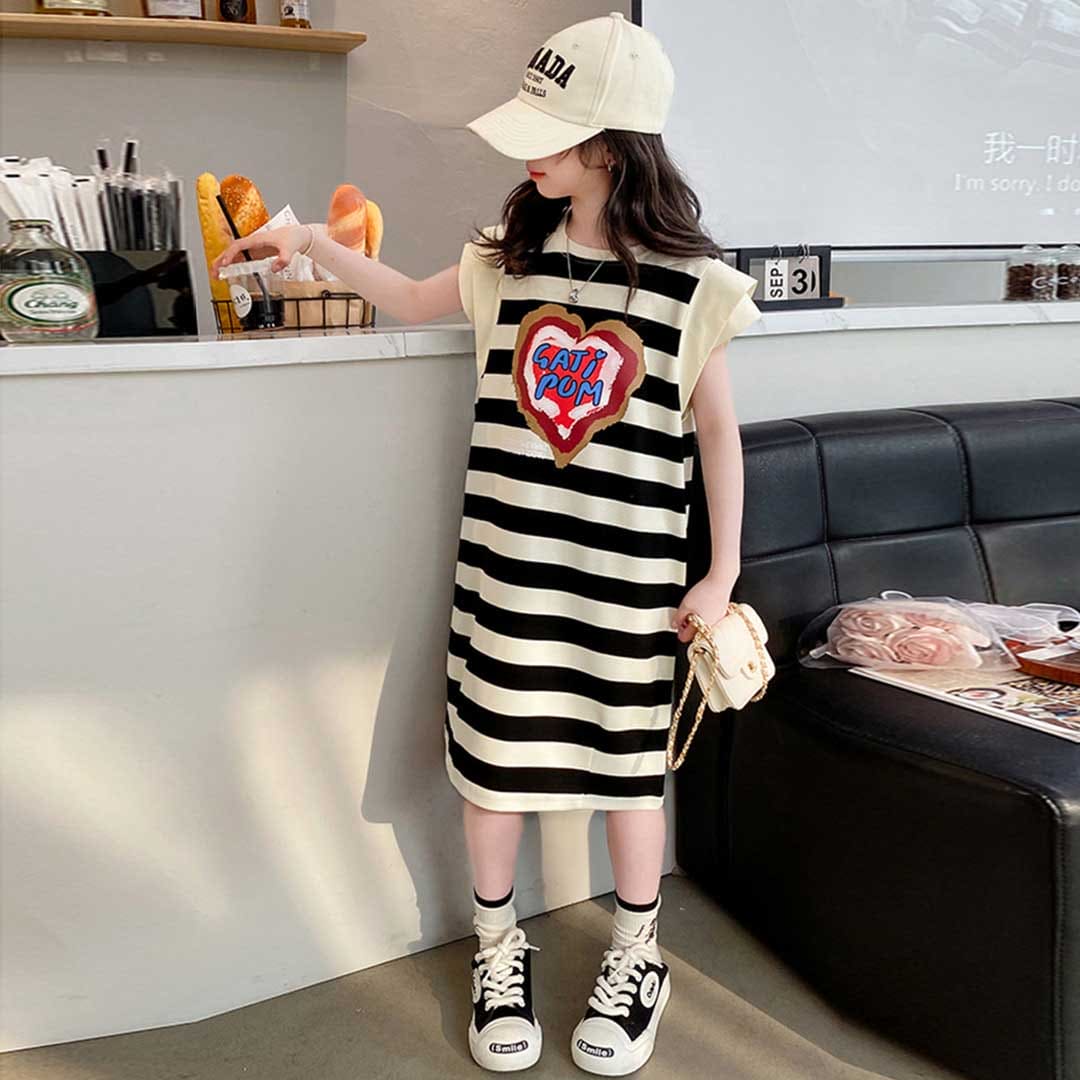 Girls Striped Heart Print Caps Sleeves A-Line Dress Casual Dresses   