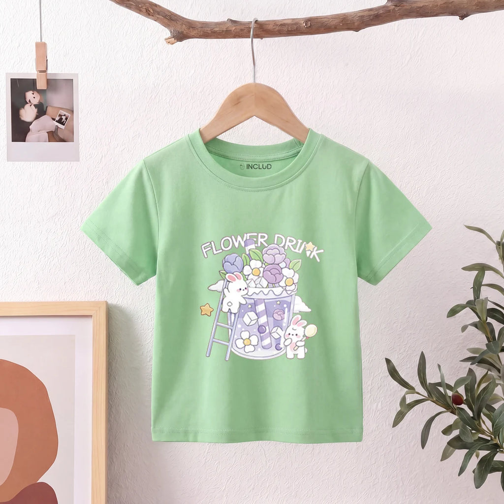 Girls Green Short Sleeve Floral Print T-Shirt Tshirts Green 1-2 Y