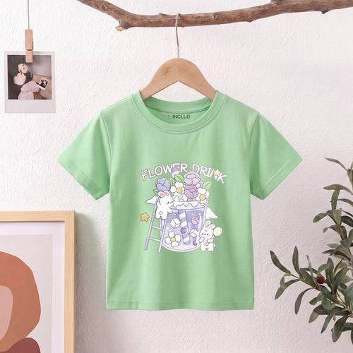 Girls Green Short Sleeve Floral Print T-Shirt Tshirts Green 1-2 Y