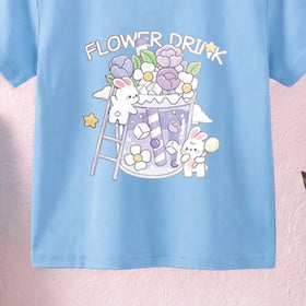 Girls Blue Short Sleeve Floral Print T-Shirt Tshirts