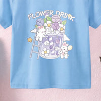 Girls Blue Short Sleeve Floral Print T-Shirt Tshirts
