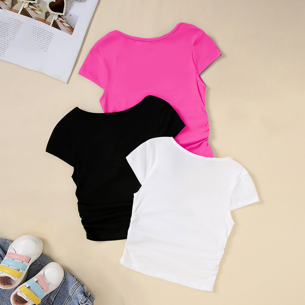 Girls Pink Short Sleeve Round Neck Top (Pack Of 3) Value Packs