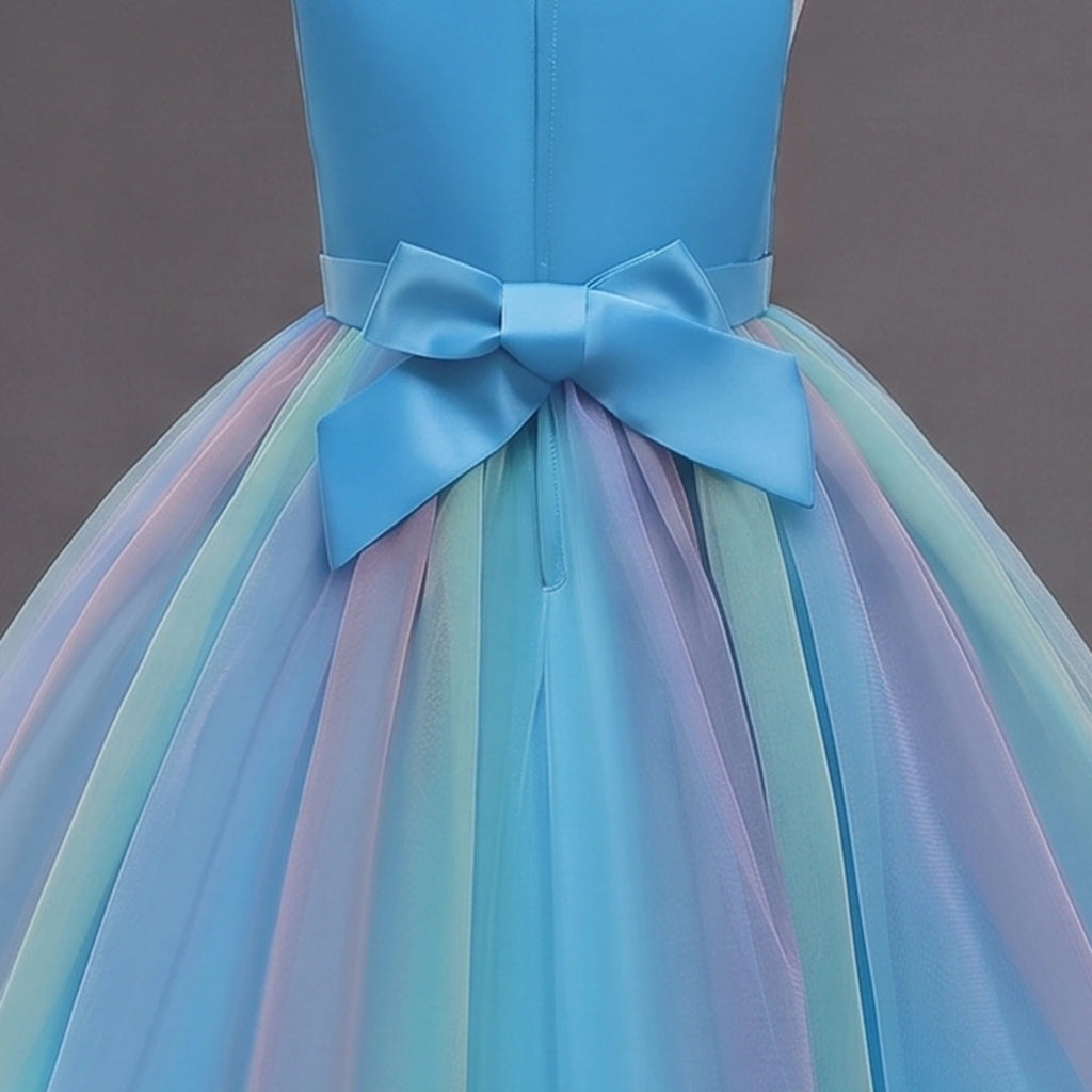 Girls Blue Sequin Embellished Fit & Flare Party Wear Dress With Flower Applique Party Dresses