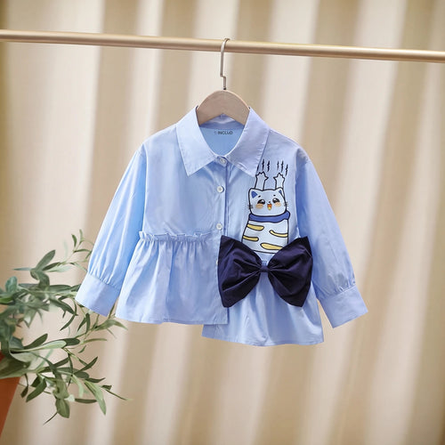 Girls Blue Cat Printed Peplum Shirt with Bow Shirts Blue 2-3 Y