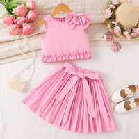Girls Pink Bow Applique Sleeveless Top With Pleated Skirt Sets 2 pc. Sets Pink 2-3 Y