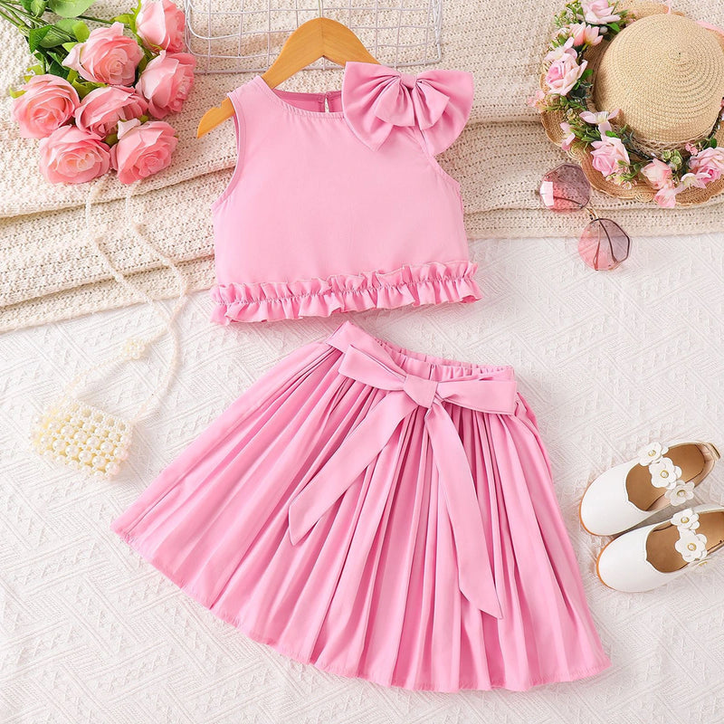 Girls Pink Bow Applique Sleeveless Top With Pleated Skirt Sets 2 pc. Sets Pink 2-3 Y