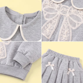 Girls Grey Bow Applique Crop Sweatshirt & Skirt Co-ord Sets Sets