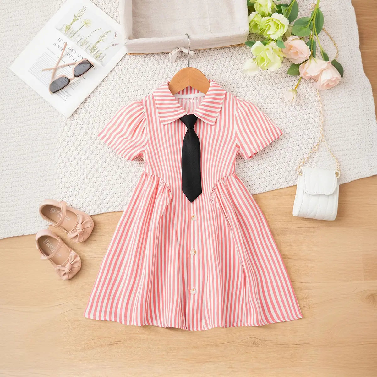 Girls Pink Stripes Button-Down A-line Dress With Short Sleeves Casual Dresses Pink 1-2 Y