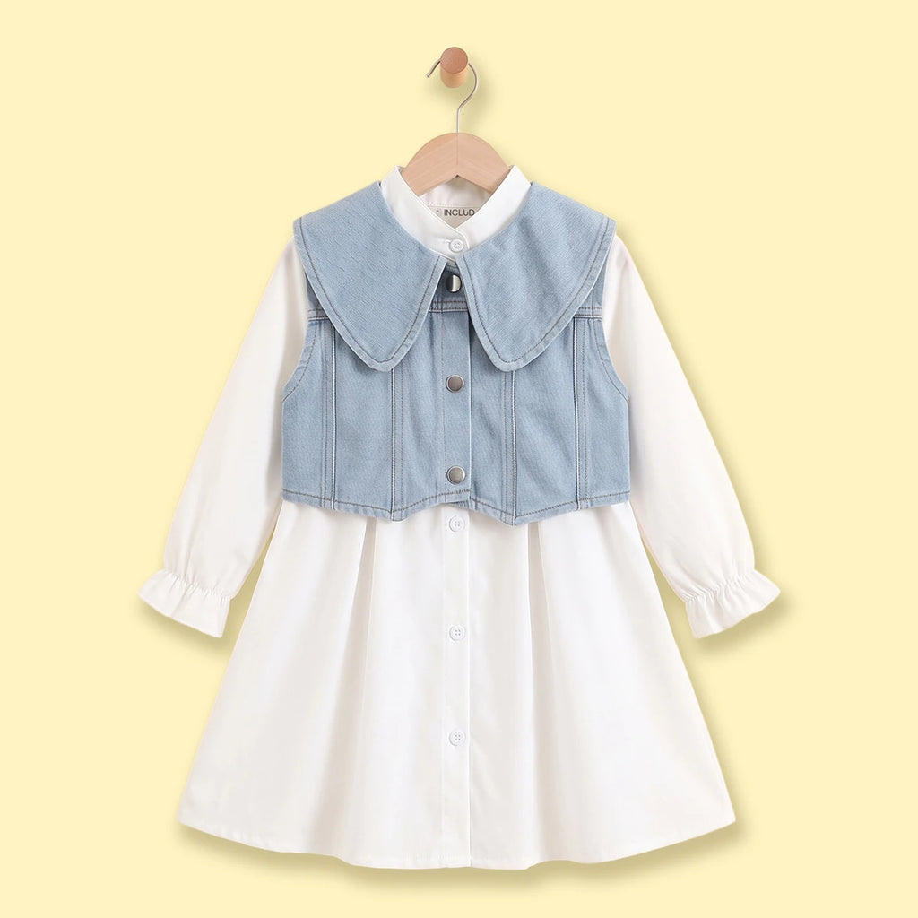 Girls White Long Sleeve Shirt Dress With Denim Vest Casual Dresses White 3-4 Y