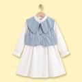 Girls White Long Sleeve Shirt Dress With Denim Vest Casual Dresses White 3-4 Y