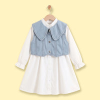 Girls White Long Sleeve Shirt Dress With Denim Vest Casual Dresses White 3-4 Y