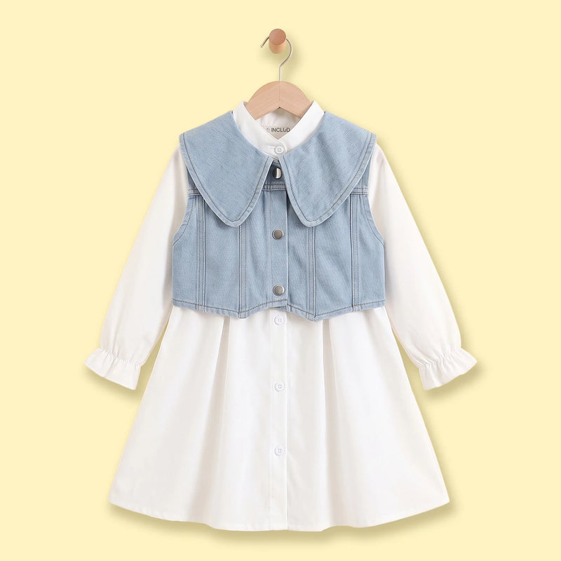 Girls White Long Sleeve Shirt Dress With Denim Vest Casual Dresses White 3-4 Y