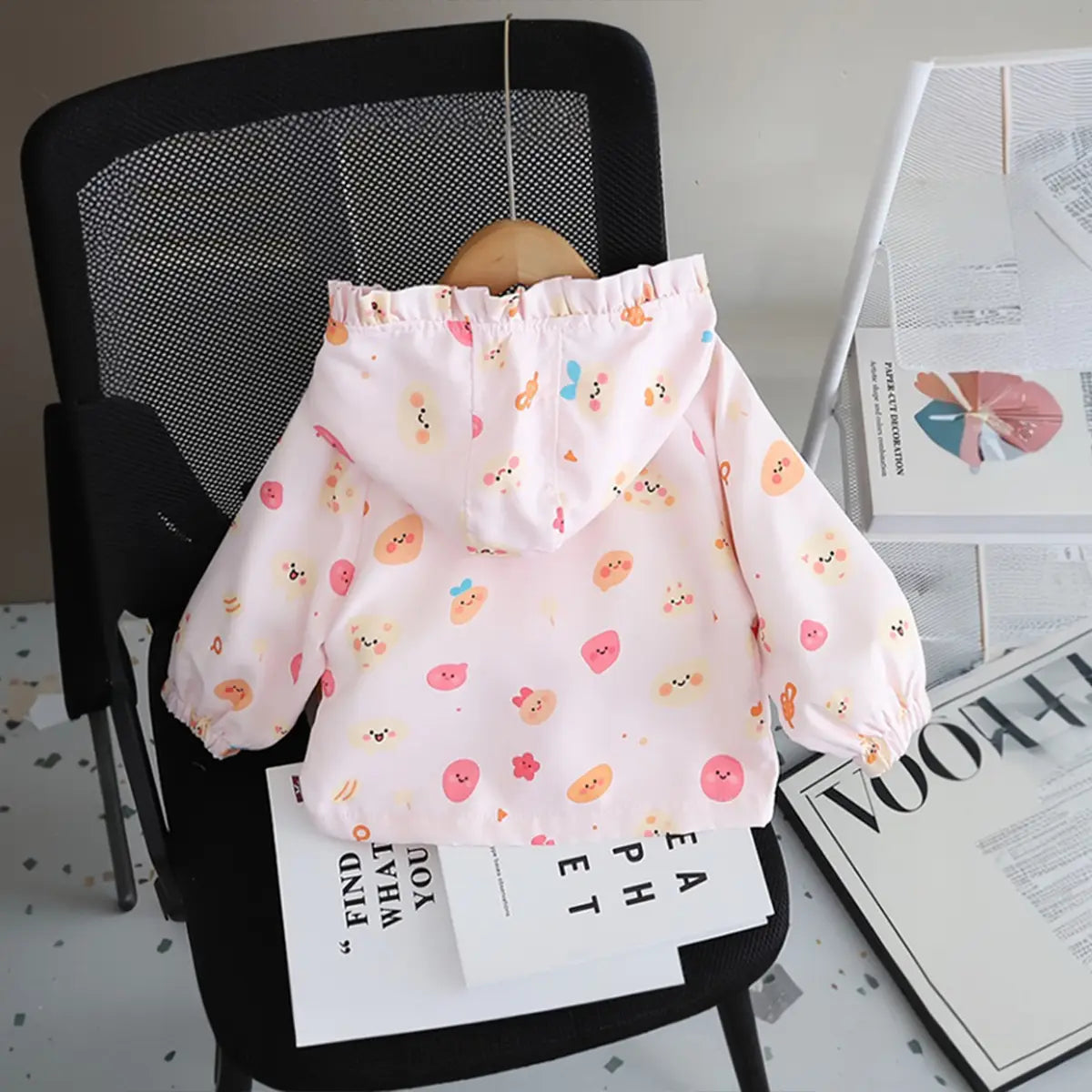 Girls Light Pink Abstract Printed Hooded Zipper Jacket Coats & Jackets