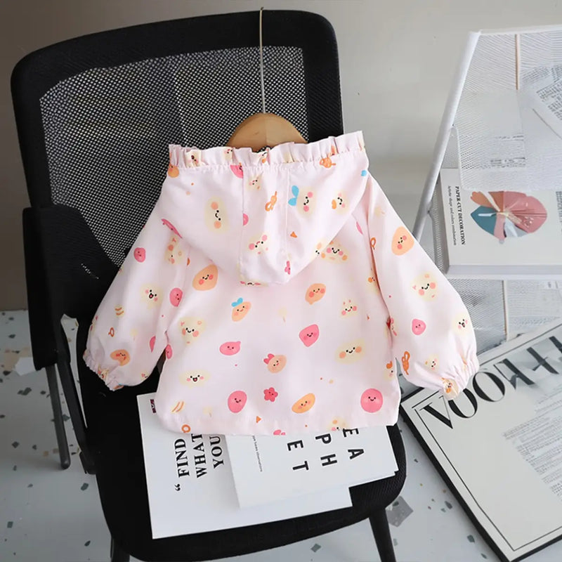 Girls Light Pink Abstract Printed Hooded Zipper Jacket Coats & Jackets